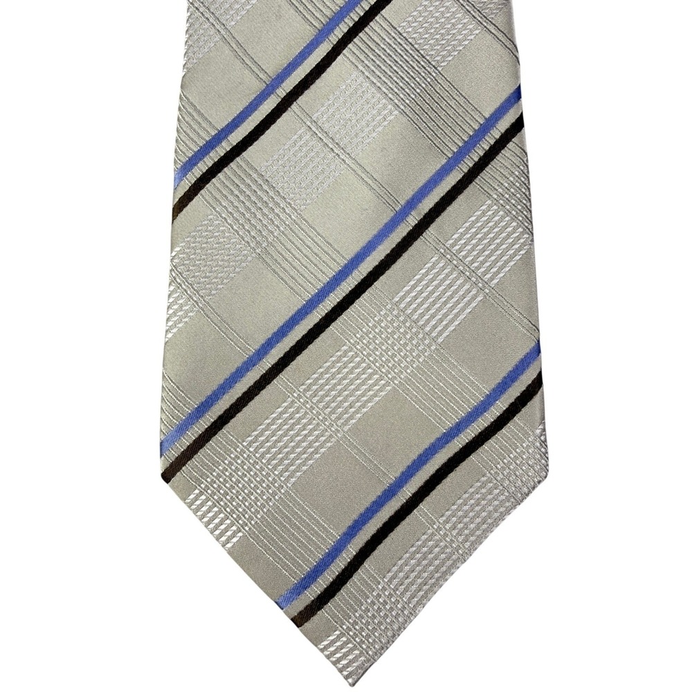 Donald J. Trump Signature Collection Mens Cream Blue Brown Striped‎ Silk Necktie